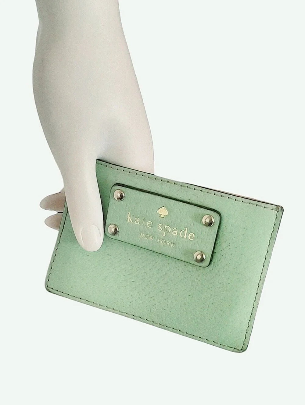 KATE SPADE Wellesley Graham Leather Card Holder w/Gold Logo Plate Mint/Peach